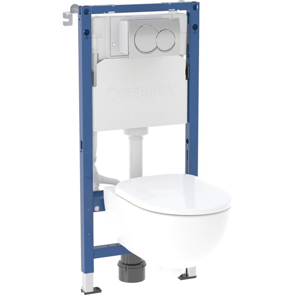 Geberit Selnova Rimless Wall Hung Toilet and Soft Close Seat with Alpha Flush Plate and Duofix 4-in-1 Frame