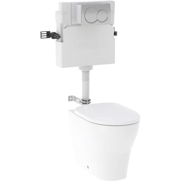 Geberit Selnova Rimless Back to Wall Toilet and Soft Close Seat with Alpha Flush Plate and Alpha 4-in-1 Cistern