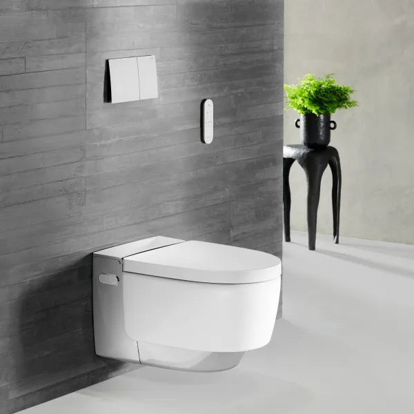 Geberit AquaClean Mera Classic Rimless Wall Hung Smart Shower Toilet With Soft Close Seat And Gloss Chrome Design Cover - White Alpine