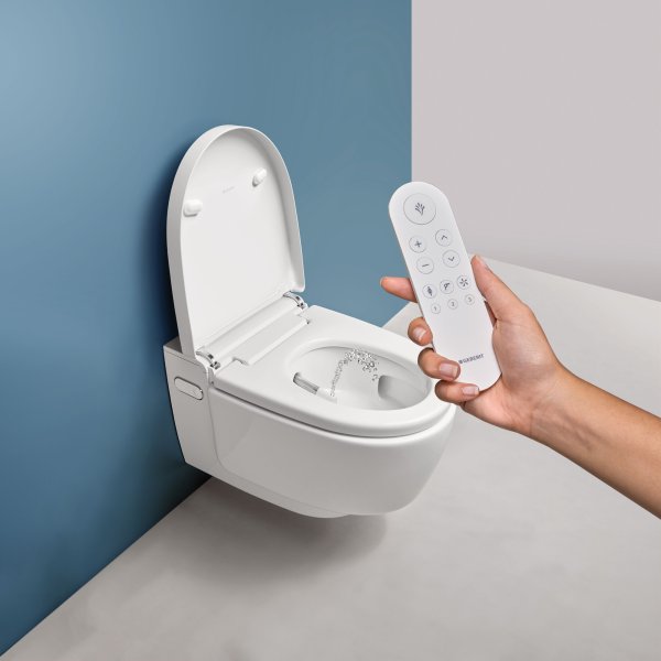 Geberit AquaClean Mera Comfort Rimless Wall Hung Smart Shower Toilet With Soft Close Seat And Gloss Chrome Design Cover - White Alpine