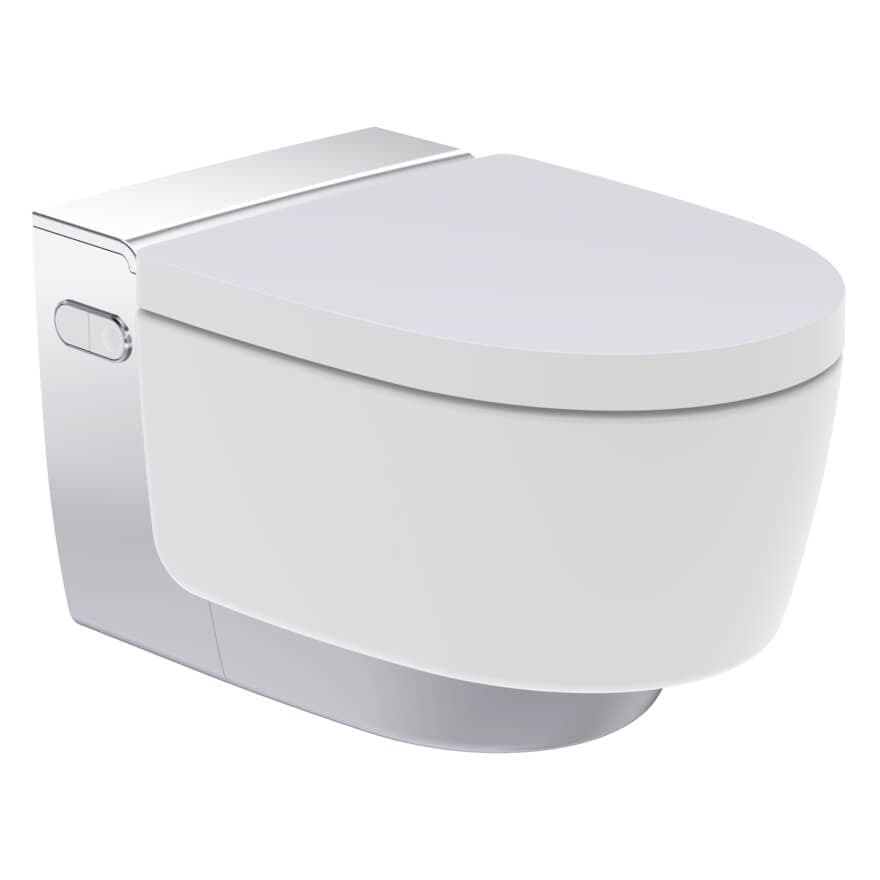 Geberit AquaClean Mera Comfort Rimless Wall Hung Smart Shower Toilet With Soft Close Seat And Gloss Chrome Design Cover - White Alpine