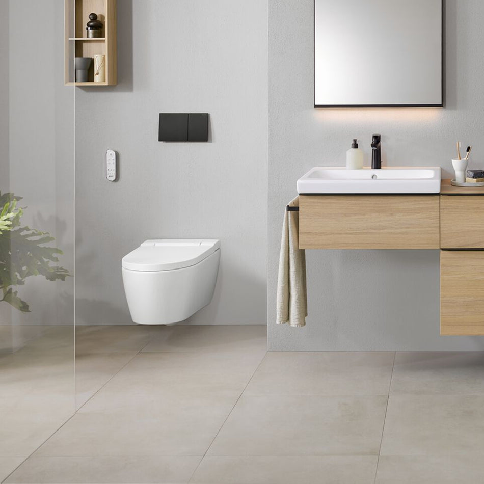 Geberit AquaClean Sela Rimless Wall Hung Smart Shower Toilet With Soft Close Seat And Design Cover - White Alpine