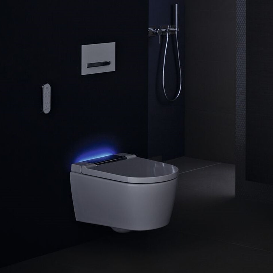Geberit AquaClean Sela Rimless Wall Hung Smart Shower Toilet With Soft Close Seat And Gloss Chrome Design Cover - White Alpine