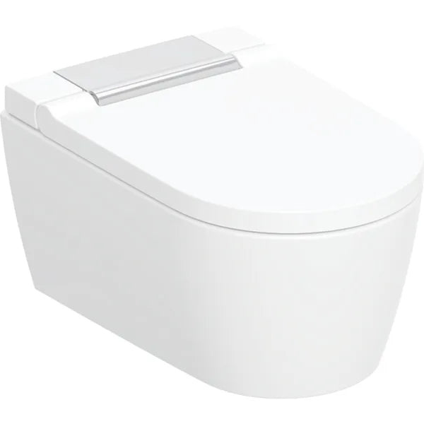 Geberit AquaClean Sela Rimless Wall Hung Smart Shower Toilet With Soft Close Seat And Gloss Chrome Design Cover - White Alpine