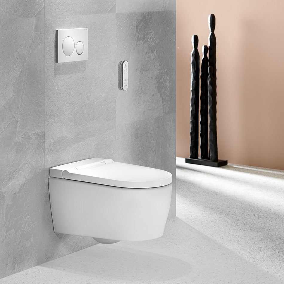 Geberit AquaClean Sela Rimless Wall Hung Smart Shower Toilet With Soft Close Seat And Matt White Design Cover - White Alpine