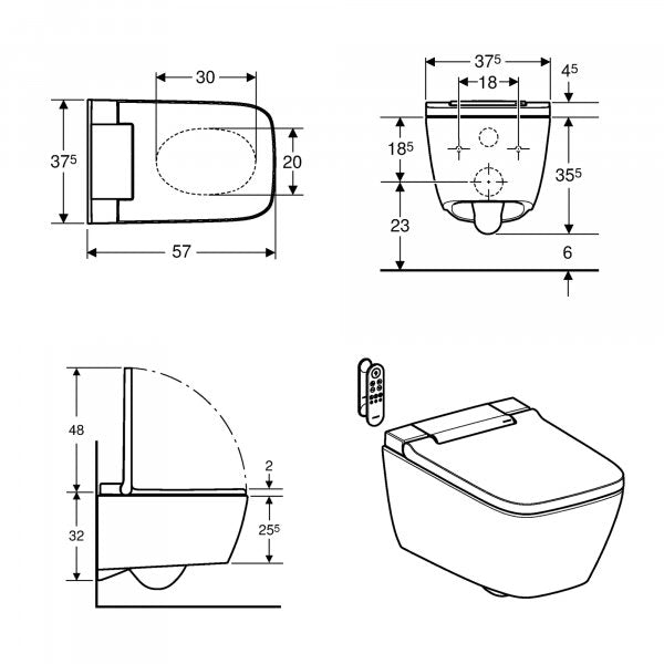 Geberit AquaClean Sela Square Rimless Wall Hung Smart Shower Toilet With Soft Close Seat And Matt White Design Cover - White Alpine