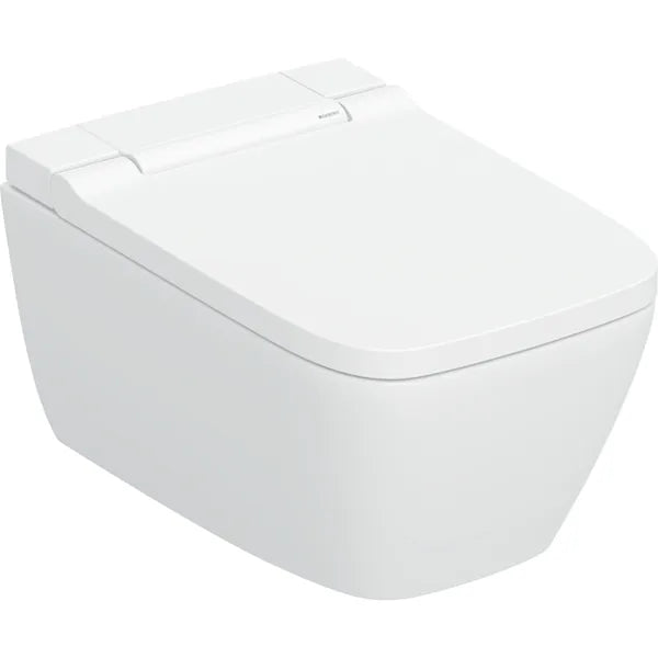 Geberit AquaClean Sela Square Rimless Wall Hung Smart Shower Toilet With Soft Close Seat And Gloss Chrome Design Cover - White Alpine