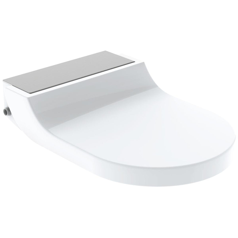 Geberit AquaClean Tuma Comfort Smart Shower Soft Close Toilet Seat With Brushed Stainless Steel Design Cover - White Alpine