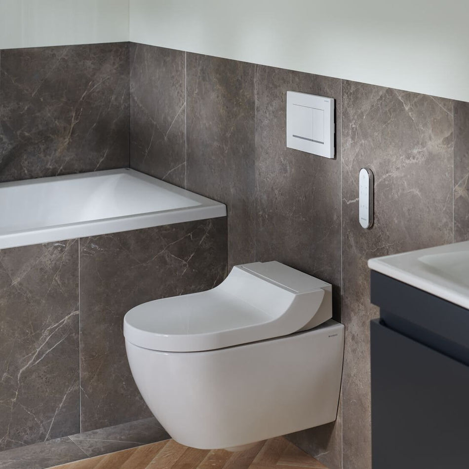 Geberit AquaClean Tuma Comfort Rimless Wall Hung Smart Shower Toilet With Soft Close Seat And Design Cover - White Alpine