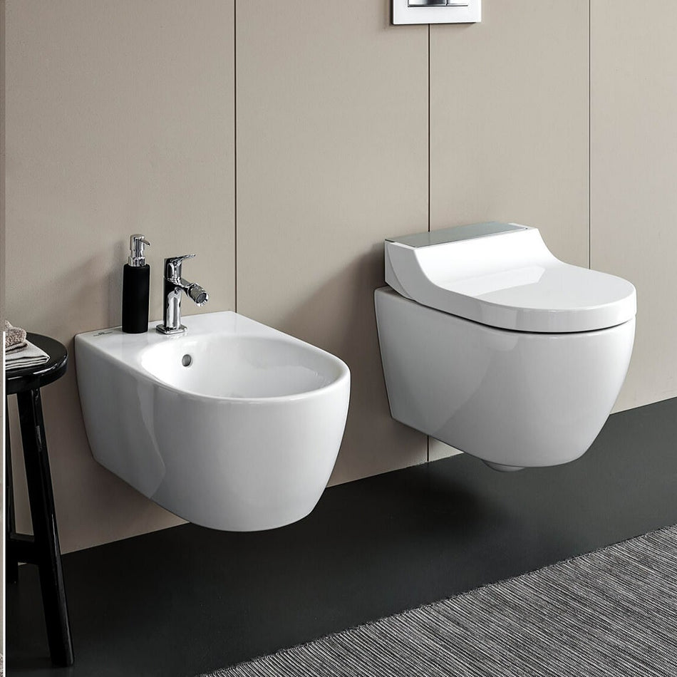 Geberit AquaClean Tuma Comfort Rimless Wall Hung Smart Shower Toilet With Soft Close Seat And Brushed Stainless Steel Design Cover - White Alpine