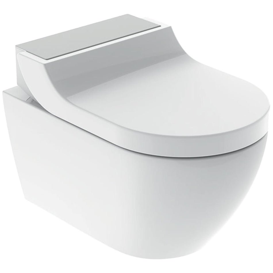 Geberit AquaClean Tuma Comfort Rimless Wall Hung Smart Shower Toilet With Soft Close Seat And Brushed Stainless Steel Design Cover - White Alpine