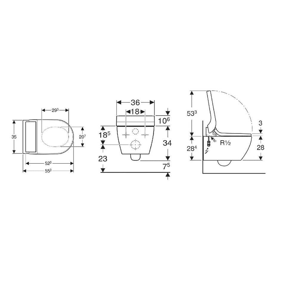 Geberit AquaClean Tuma Comfort Rimless Wall Hung Smart Shower Toilet With Soft Close Seat And White Glass Design Cover - White Alpine
