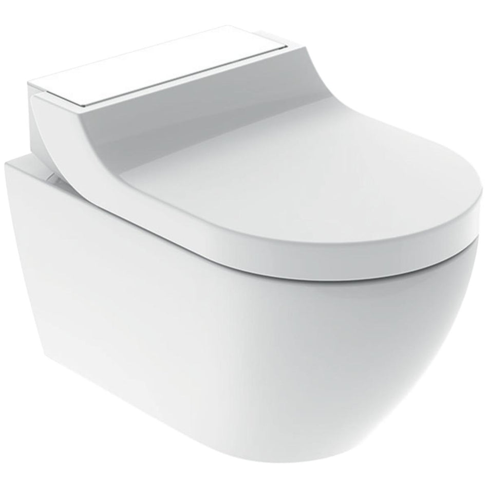 Geberit AquaClean Tuma Comfort Rimless Wall Hung Smart Shower Toilet With Soft Close Seat And White Glass Design Cover - White Alpine