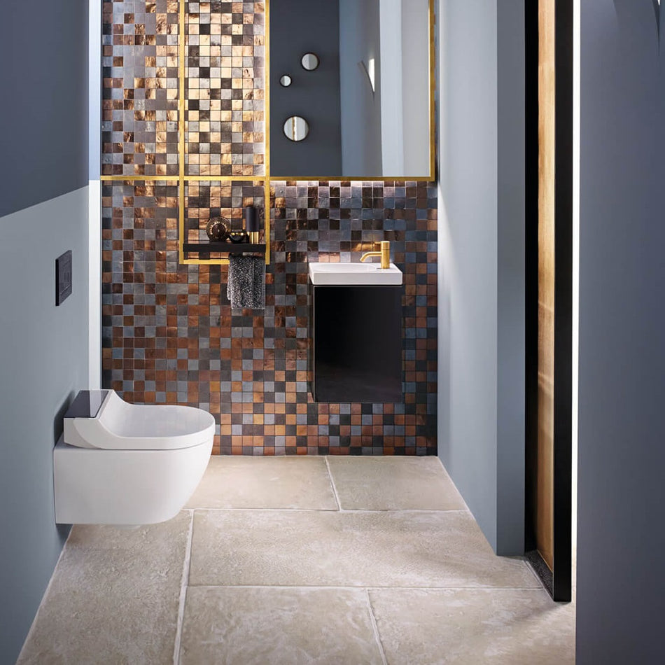 Geberit AquaClean Tuma Comfort Rimless Wall Hung Smart Shower Toilet With Soft Close Seat And Black Glass Design Cover - White Alpine