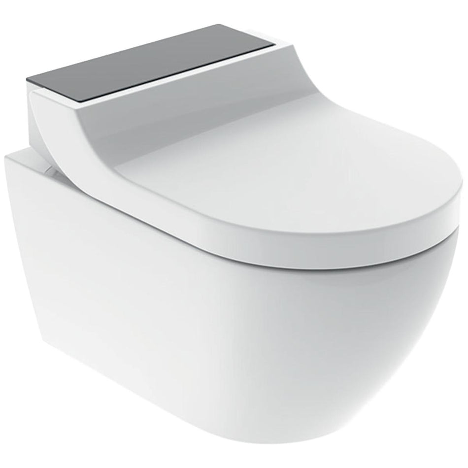 Geberit AquaClean Tuma Comfort Rimless Wall Hung Smart Shower Toilet With Soft Close Seat And Black Glass Design Cover - White Alpine