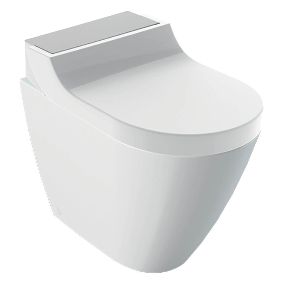 Geberit AquaClean Tuma Comfort Rimless Back to Wall Smart Shower Toilet With Soft Close Seat And Brushed Stainless Steel Design Cover - White Alpine