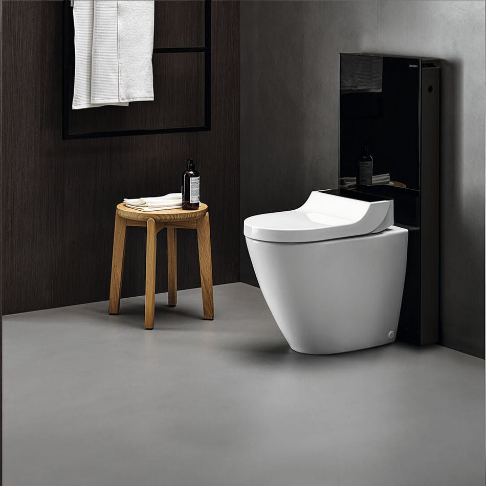 Geberit AquaClean Tuma Comfort Rimless Back to Wall Smart Shower Toilet With Soft Close Seat And Black Glass Design Cover - White Alpine