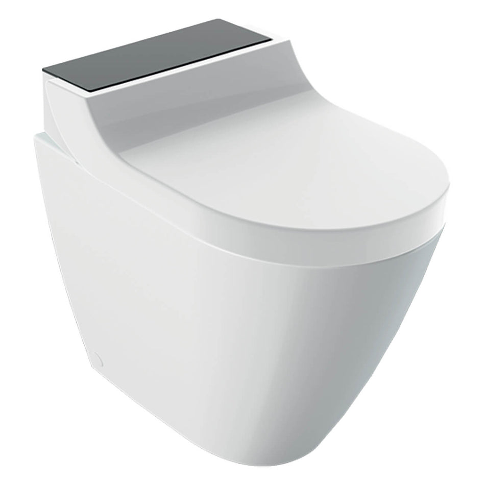 Geberit AquaClean Tuma Comfort Rimless Back to Wall Smart Shower Toilet With Soft Close Seat And Black Glass Design Cover - White Alpine