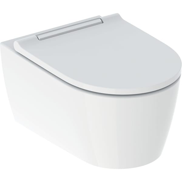 Geberit One Turboflush Wall Hung Toilet With Gloss Chrome Soft Close Seat - White