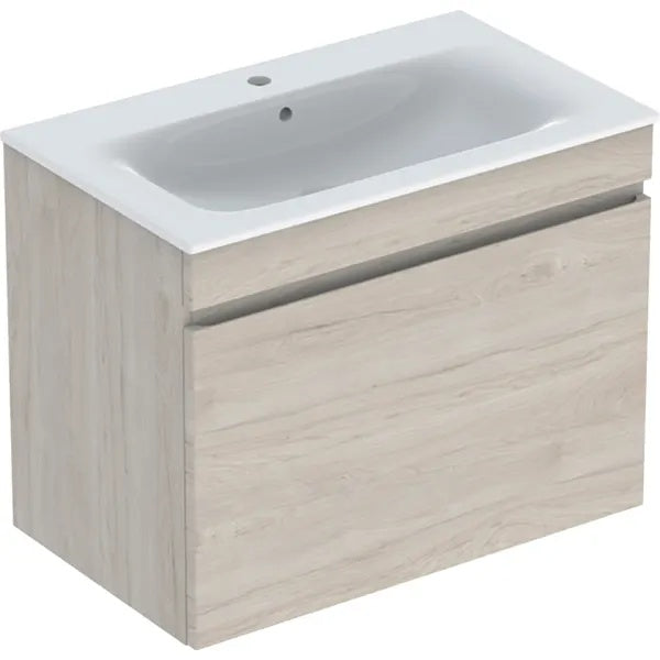 Geberit Renova Plan 1 Drawer Wall Hung Vanity Unit With Slim Rim Basin - 800mm Wide - 1 Tap Hole - Light Hickory