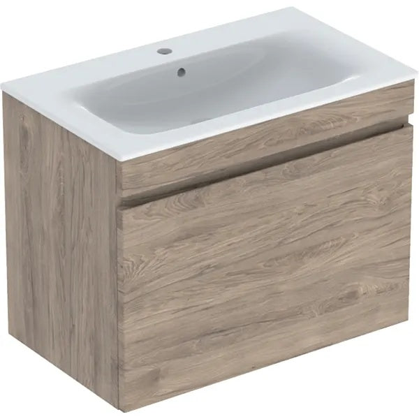 Geberit Renova Plan 1 Drawer Wall Hung Vanity Unit With Slim Rim Basin - 800mm Wide - 1 Tap Hole - Hickory Walnut