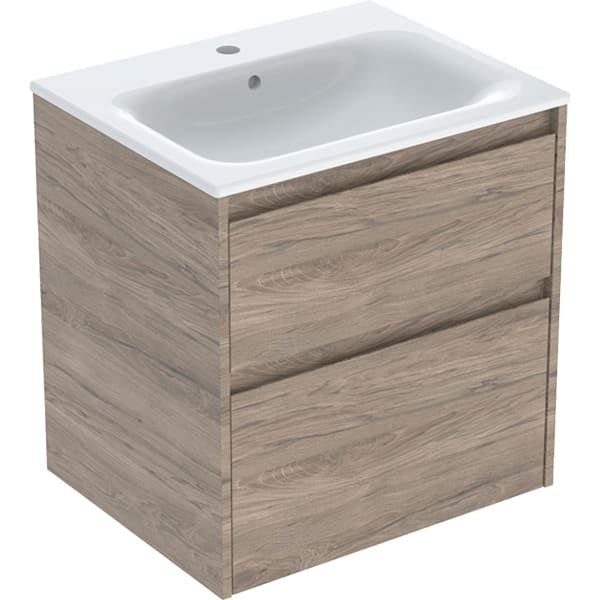 Geberit Selnova 2 Drawer Wall Hung Vanity Unit With Basin - 600mm Wide - Hickory Melamine