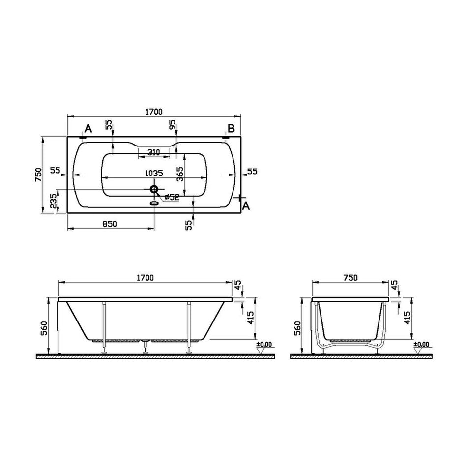Vitra Optima Double Ended Bath - 1700mm x 750mm - No Tap Hole - White