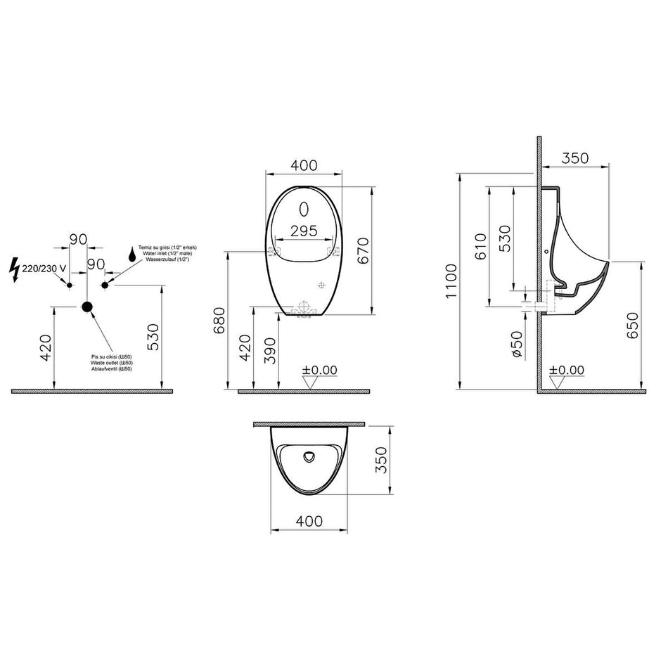 Vitra Mains Operated Urinal With Integrated Electronic Fusher - White