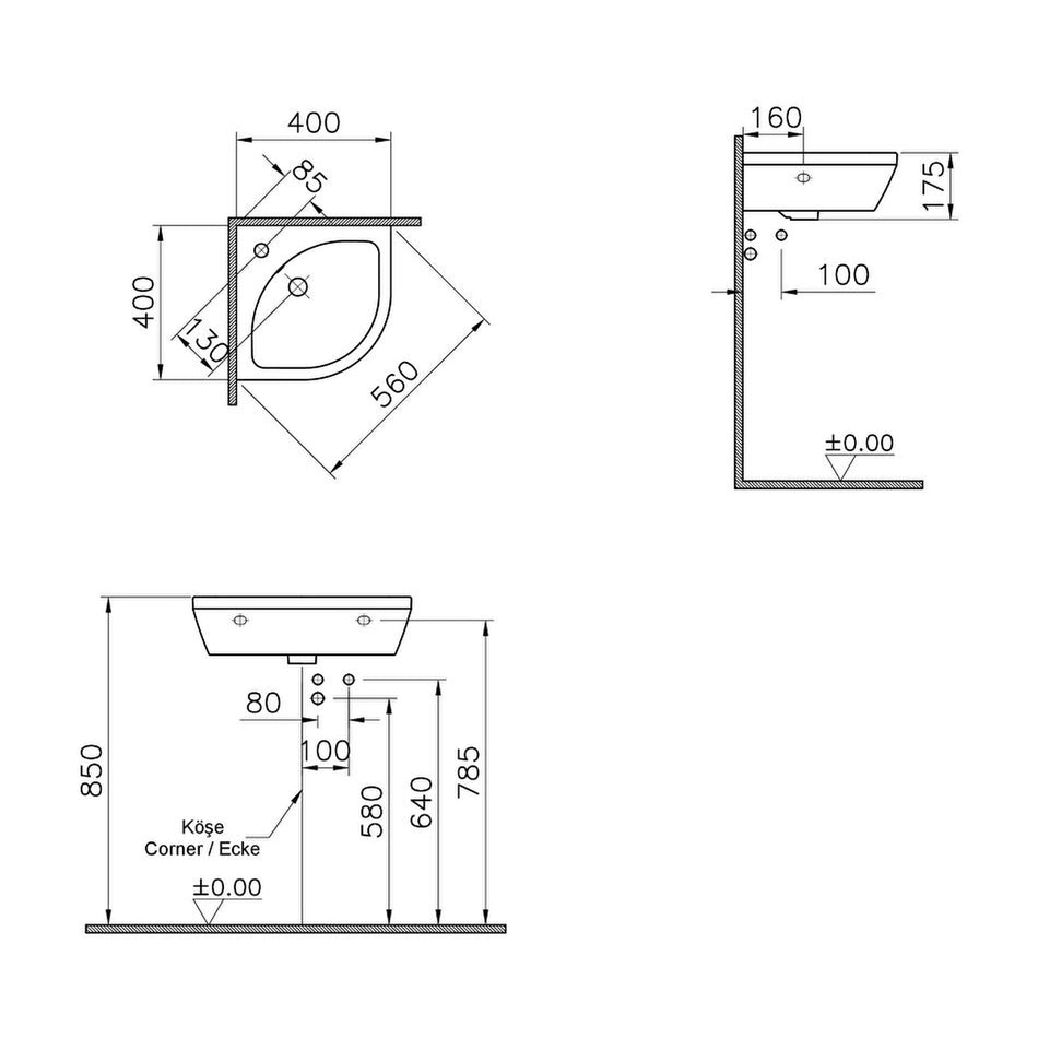 Vitra Integra Corner Wall Hung Basin - 565mm Wide - 1 Tap Hole - White