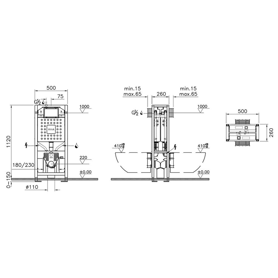 Vitra V-Fix Prime Side & Back Regular Back To Back Wall Hung Toilet Frame - 1120mm x 500mm x 260mm