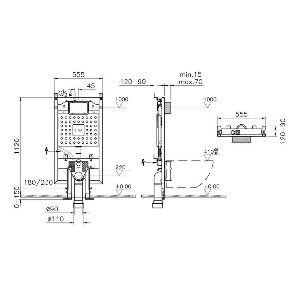 Vitra V-Fix Prime Top Operated 2.5/4 Litre Slim Regular Back To Back Wall Hung Toilet Frame - 1145mm High