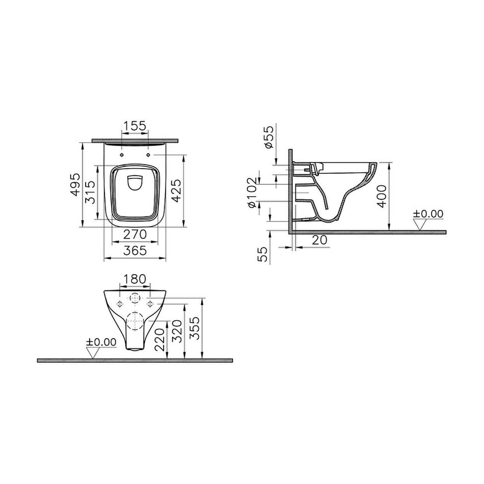 Vitra S20 Square Compact Wall Hung Toilet Pan Only - White